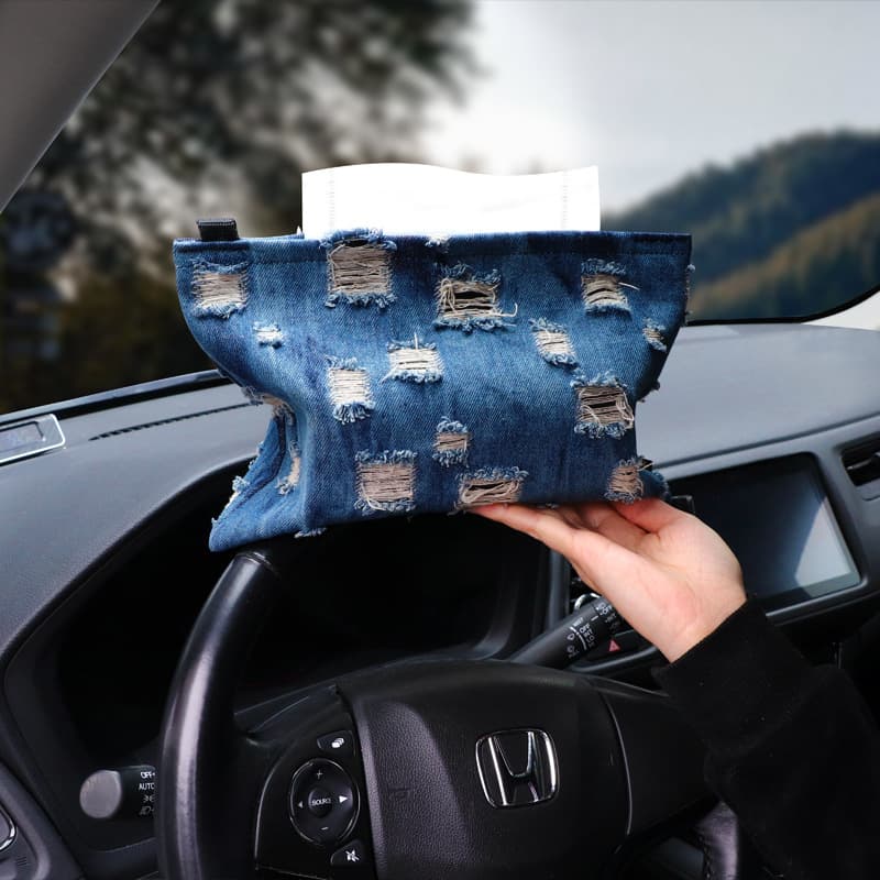 Distressed Denim Car Tissue Box, Trendy High-End Hanging Style, Car Center Console Armrest Tissue Holder