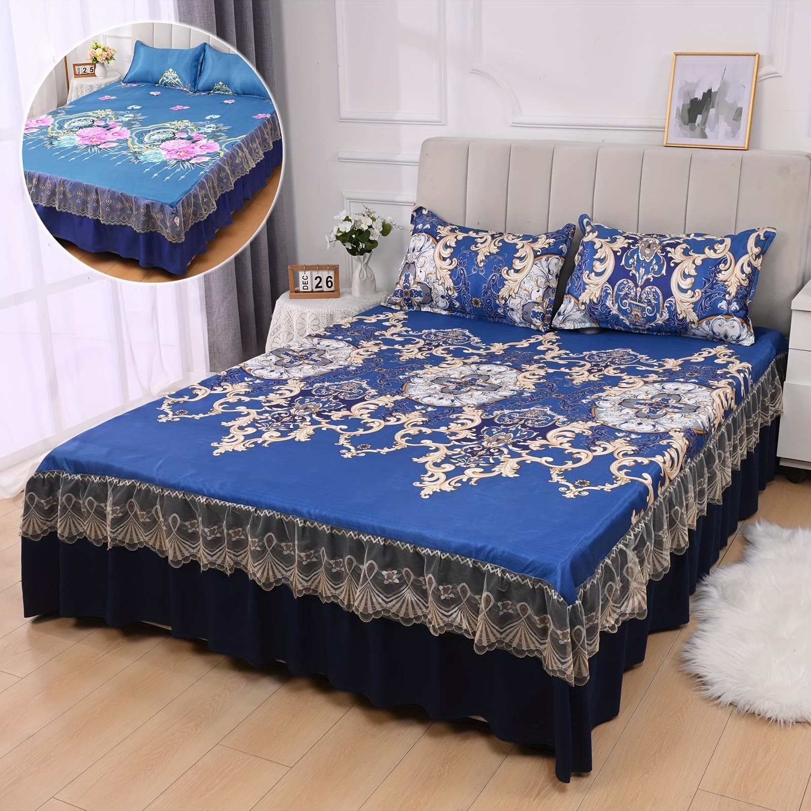 2025 New Cross-border Drop Shipping 3-Piece Lace Bed Skirt Set (1 Bed Skirt, 2 Pillowcases)