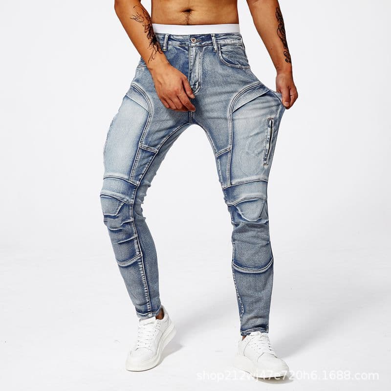 Motorcycle Style Jeans for Men European Street Trendy Stretch Slim Fit Tapered Leg Men's Straight Leg Jeans Wholesale