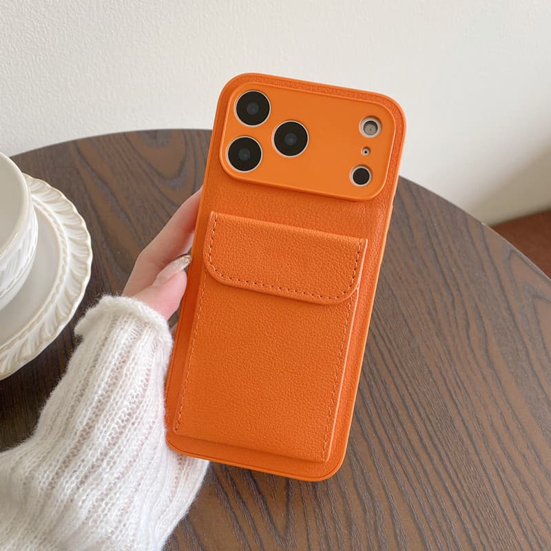 Suitable for iPhone17proMax mobile phone case plain leather litchi pattern card holder holder Apple 16 cross-border 15 anti-fall case