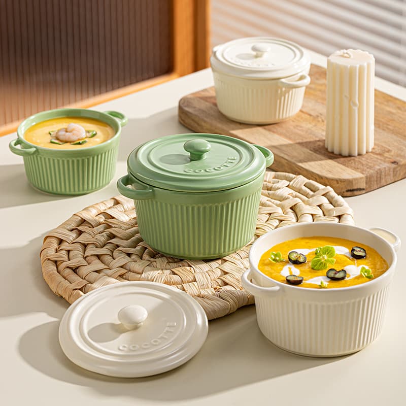 Simplified Ceramic Striped Double Ear One-Person Bowl Creative Steaming Pot Soup Bowl Baking Bowl Dining Set Home Use