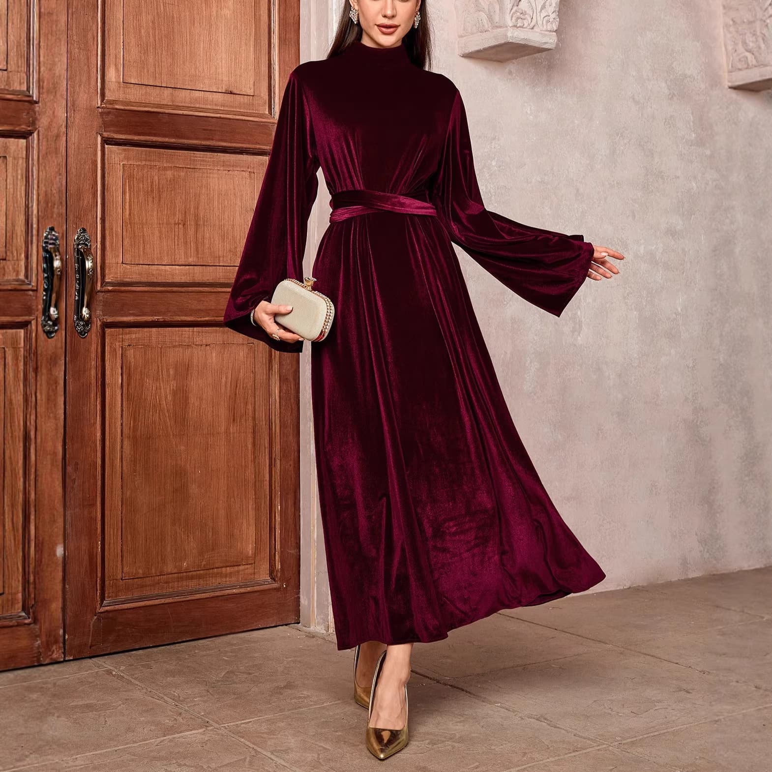 2026 New Spring/Autumn Velvet Dress with Flared Sleeves, Belt, and Zipper