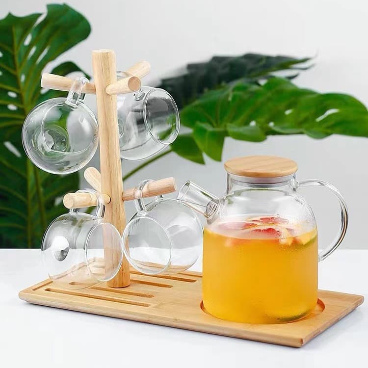 Ready-to-ship Cup and Pot Holder, Bamboo and Wood with Tray, Integrated Wooden Cup Stand, Japanese-style Home Water Pot and Cup Desktop Storage