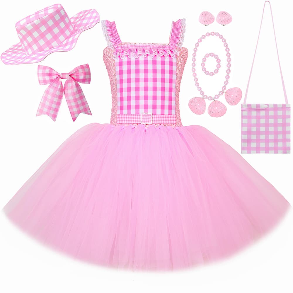 Live-Action Barbie Girl Dress Cosplay Set Pink Plaid Children's Tulle Princess Ball Gown
