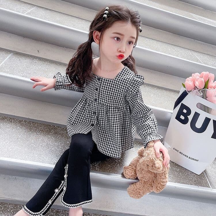 Girls Shirt 2025 New Spring Autumn Vintage Sweet Plaid Long Sleeve Top Cotton