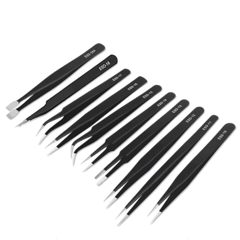 Stainless Steel Precision ESD Tweezers, 1.5mm Black Pointed, Curved and Straight Head, Bird's Nest Hair Picking, Eyelash Anti-Static