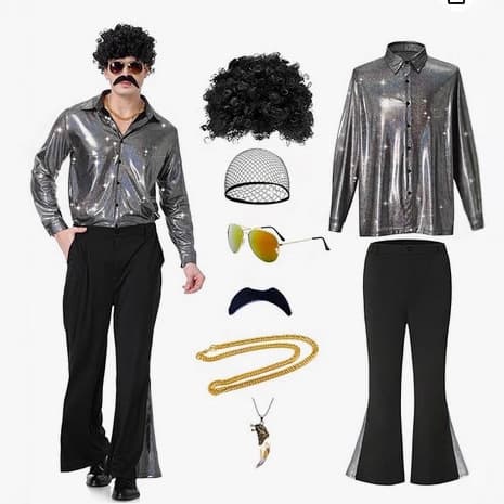 2025 new printed shirt + bell-bottom pants set, 70s men's classic casual disco performance clothing.