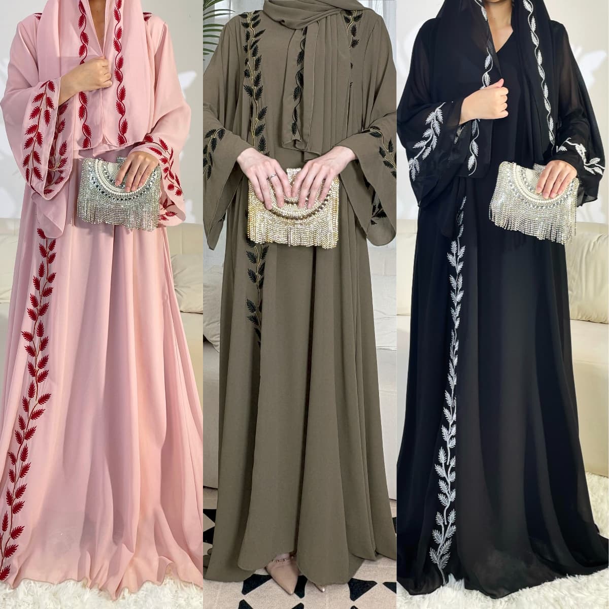 Cross-border Women's Turkish Style Embroidered Chiffon Long Dress with Headscarf