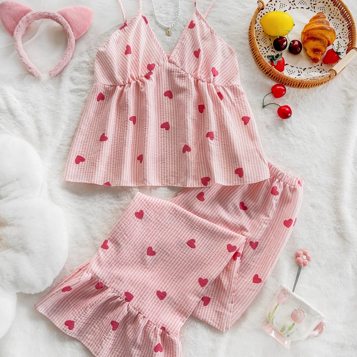 New Spring/Summer Cross-Border Women's Pajamas with Heart Print Camisole and Pants Bubble Gauze Two-Piece Set European and American Loungewear