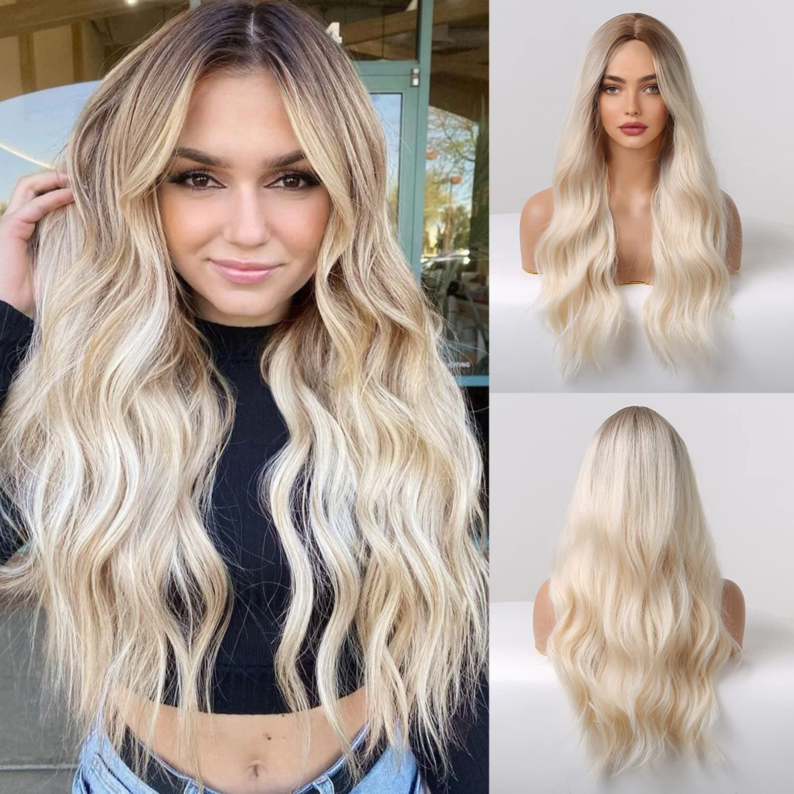 Lace Front Synthetic Wig Blonde Curly Wave Long Wig with Curtain Bangs Dyed Cap