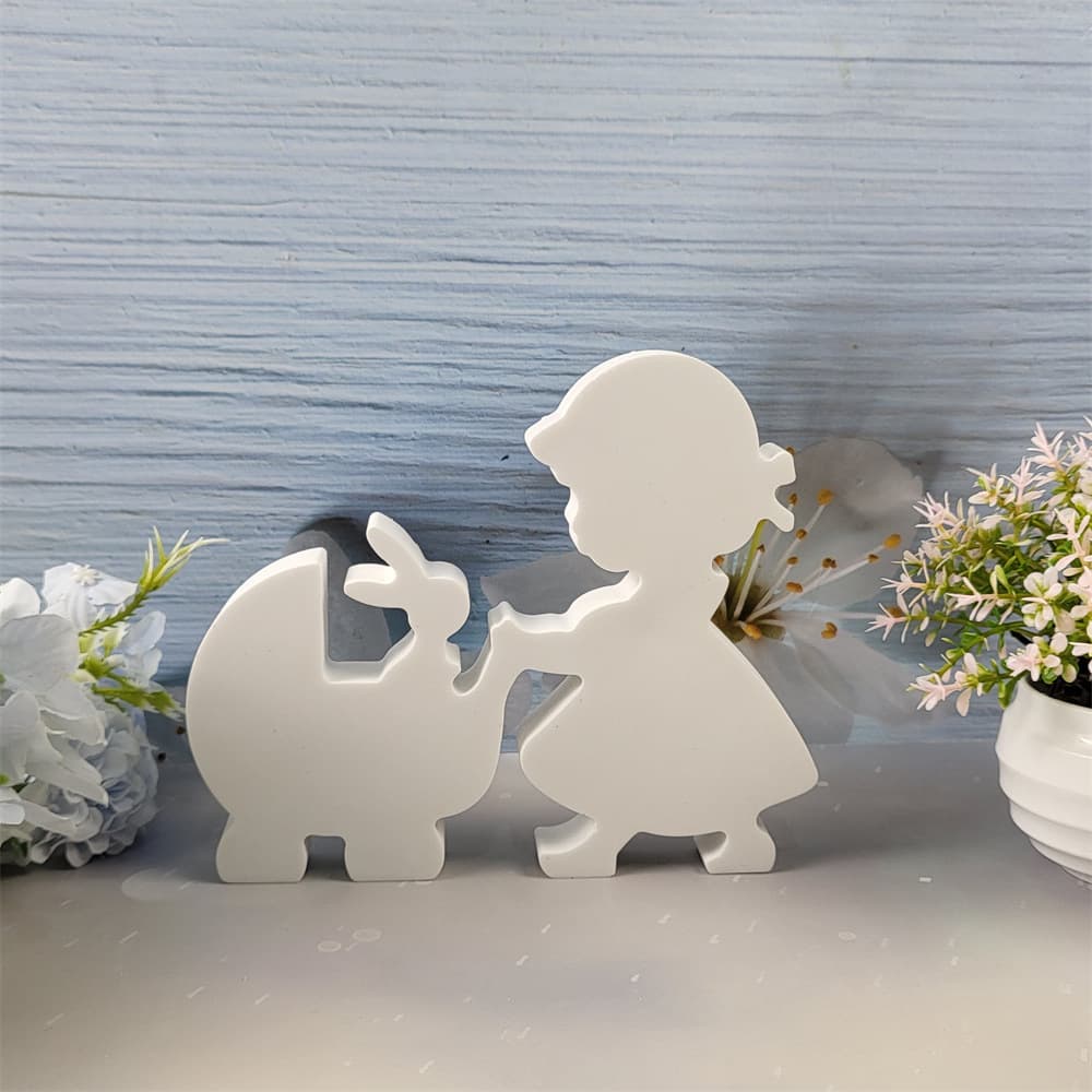 S0673 Little Girl and Bunny Desktop Decoration Cement Plaster Mold DIY Silicone Mold