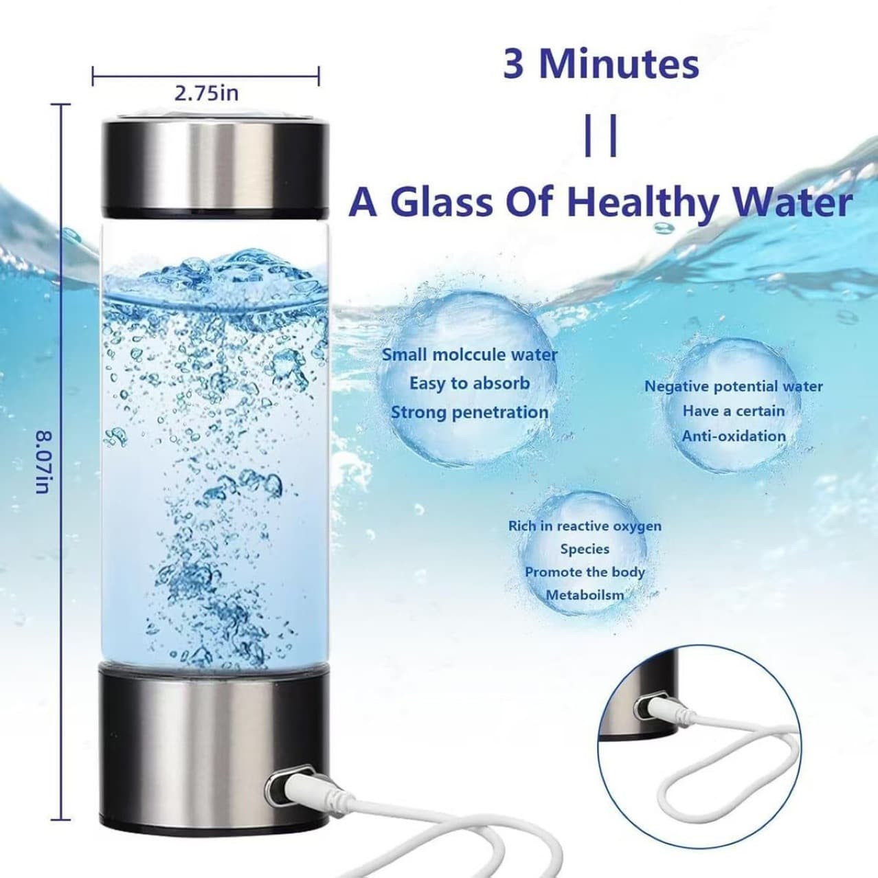 Factory Direct Hydrogen-Rich Water Cup, Hydrogen Cup for Exhibition and Promotional Gifts, Hydrogen Water Cup with Electrolysis, Wholesale in Gift Box