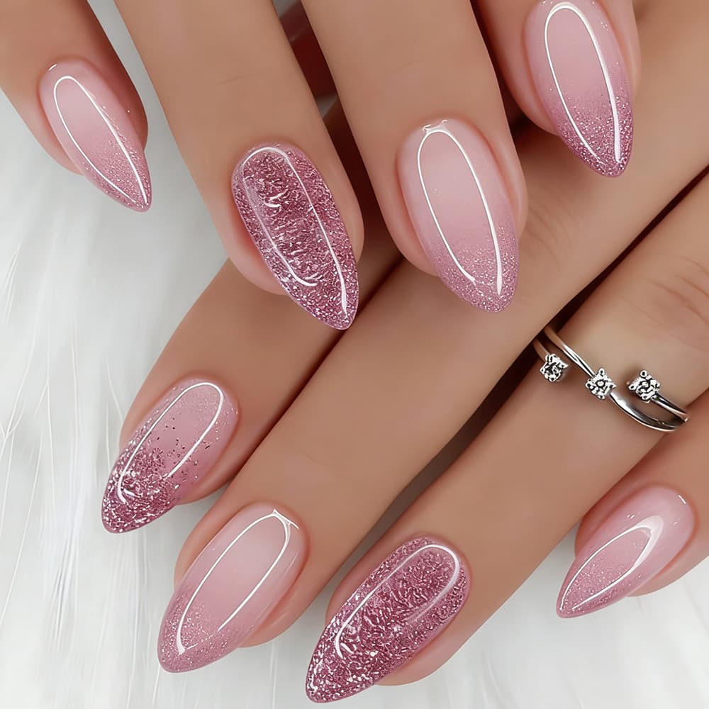 Pure and Tempting Pink Diamond Gradient Press-On Nails, Fine White Line Edging False Nails, 24 Pieces Medium-Long Almond Gentle Nail Art