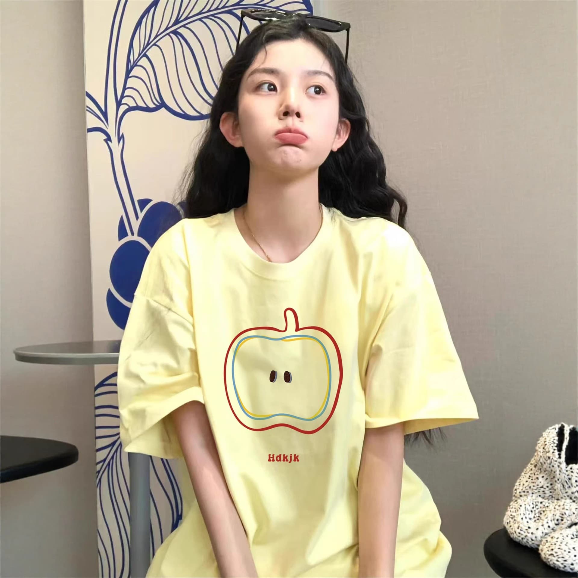 Short-Sleeved Tops Korean Style Cute Everyday Versatile Loose Pattern Printed T-Shirt Casual Round Neck Women's Short-Sleeved T-Shirt