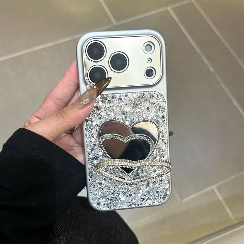 Heart-shaped Glass Mirror Phone Case for iPhone 17 Pro Max, Precision Cutout, Full Coverage, Apple 16, Resin Glitter