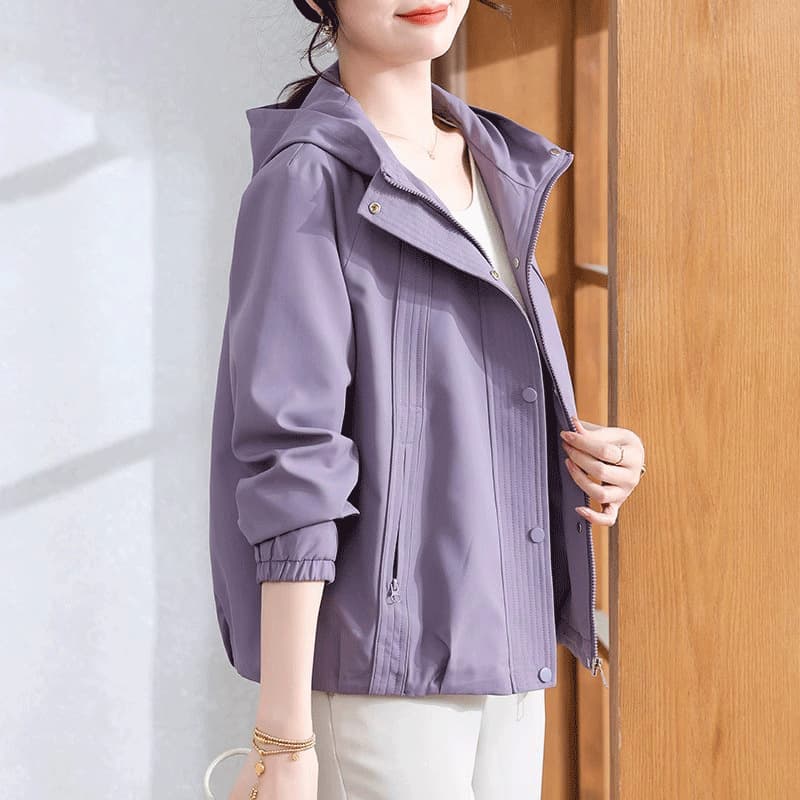 New Autumn Casual Windbreaker for Mothers, Loose and Elegant Solid Color Slim-Fit Hooded Top for Middle-Aged and Elderly Women