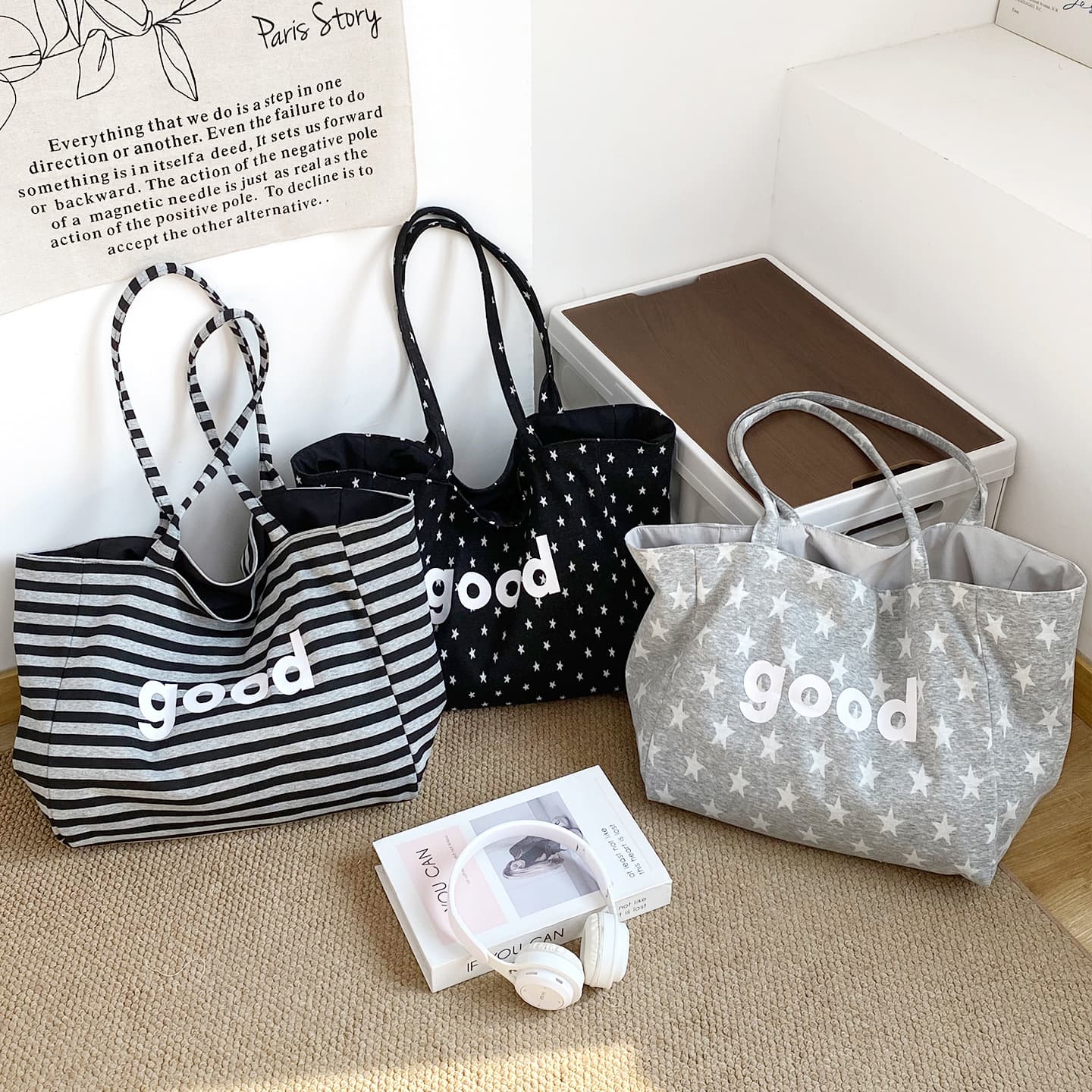 Korean style simple double-sided tote bag lazy style y2k star canvas bag versatile casual shoulder bag women's large capacity