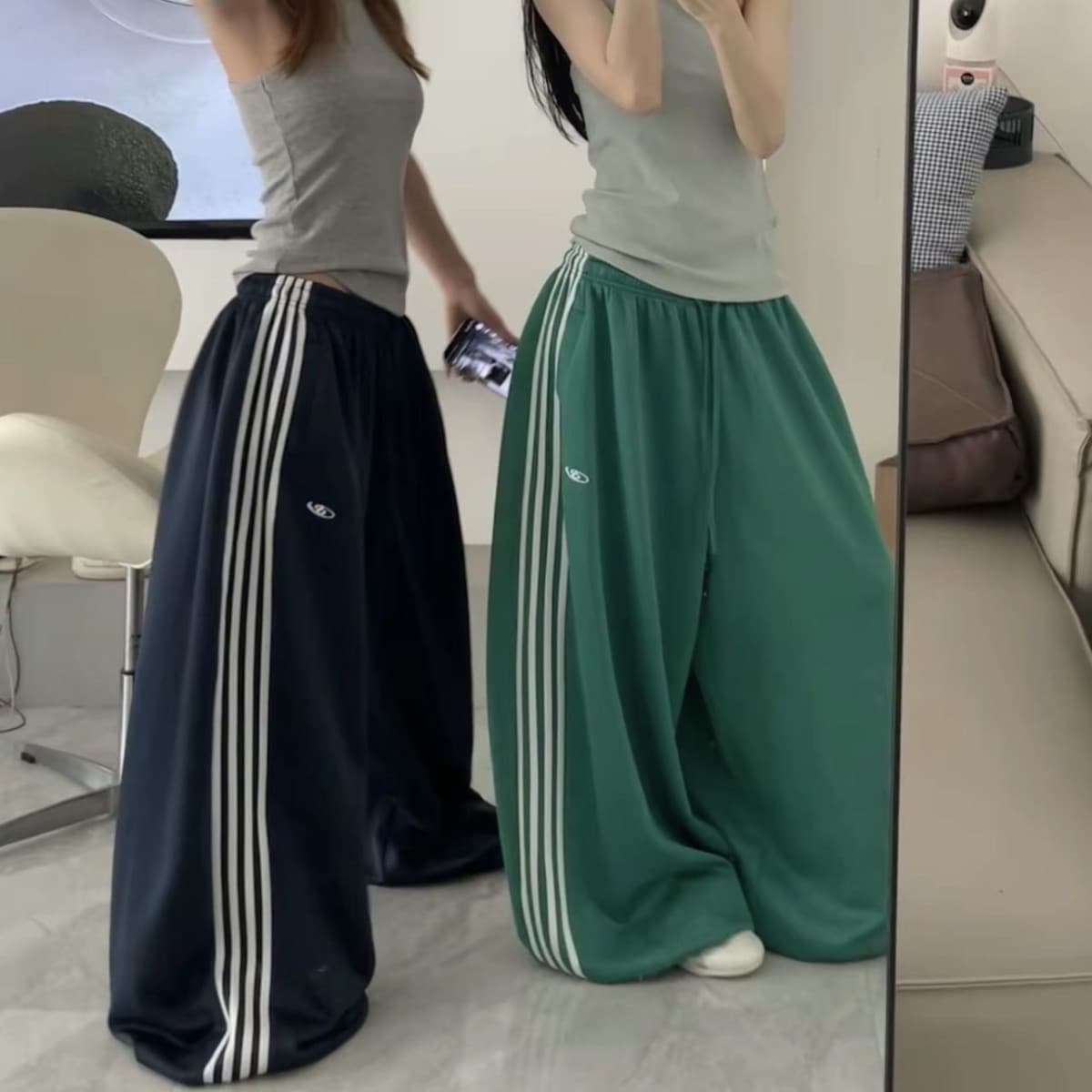 American Style Navy Blue Loose Wide-Leg Pants for Women Summer Water Series Sweatpants Jazz Dance Floor-Length Casual Lounge Pants