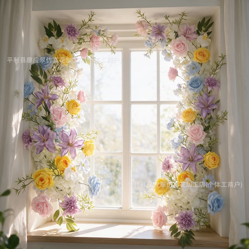 Cross-border simulated flower rows, waterfalls, spring flowers, Monet's garden scene layout, fake flowers, Internet celebrity shop door window floral arrangements