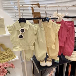 Girls Summer New Fashion Casual Korean Style Ruffle Cap Sleeve Solid Color Set Girls Outfit Summer
