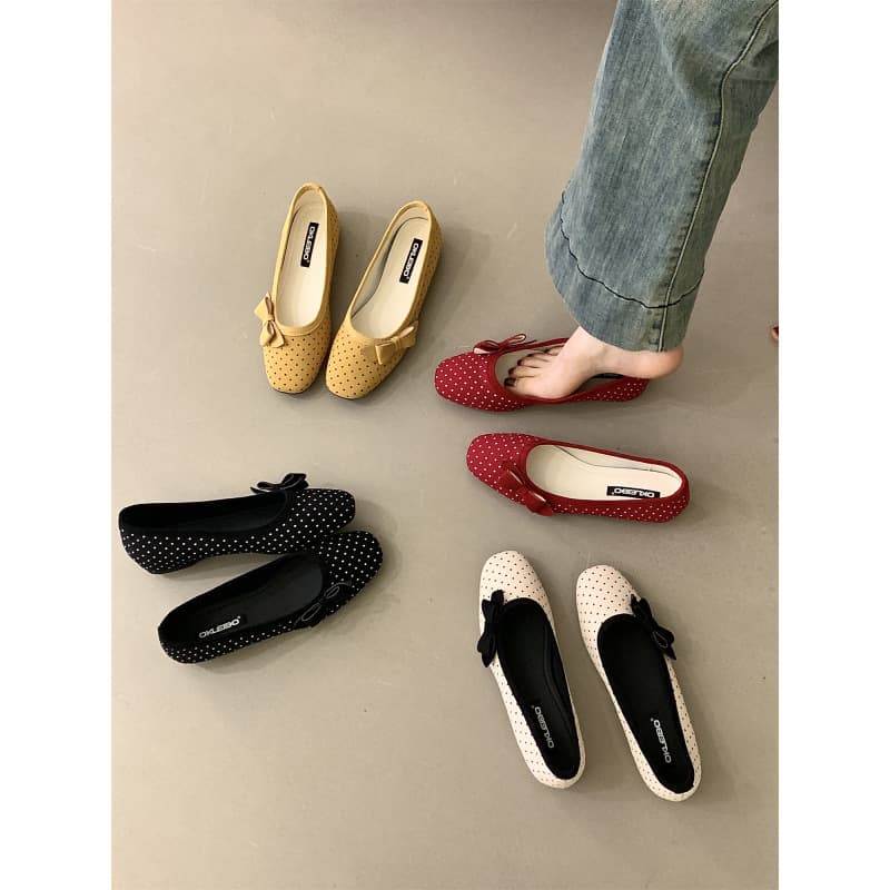 Girly Style Bow-Knot Polka Dot Mary Jane Shoes for Women 2026 Shallow Round-Toe Slip-On Ballet Flats