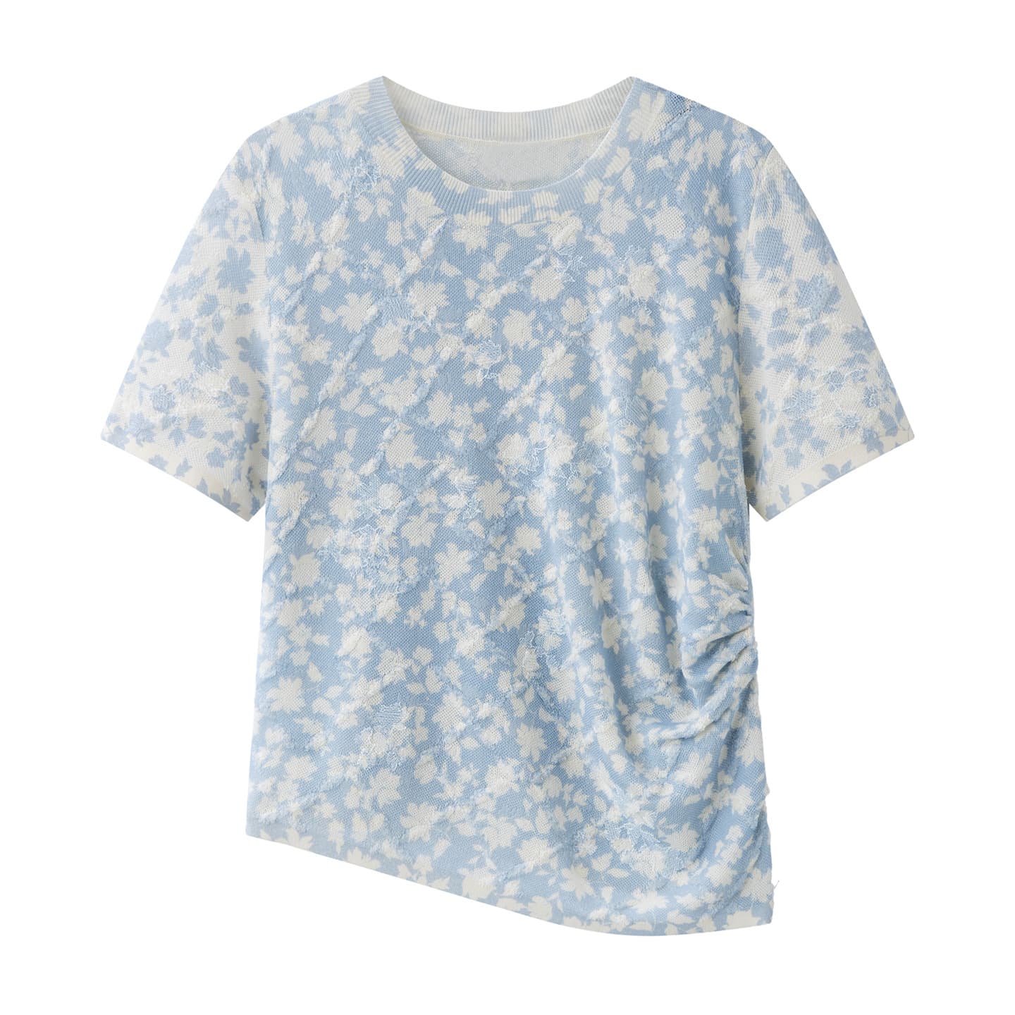 In Stock 2026 Summer Women's New Jacquard Short Sleeve Knit Top with Asymmetric Hem 2K2EE14