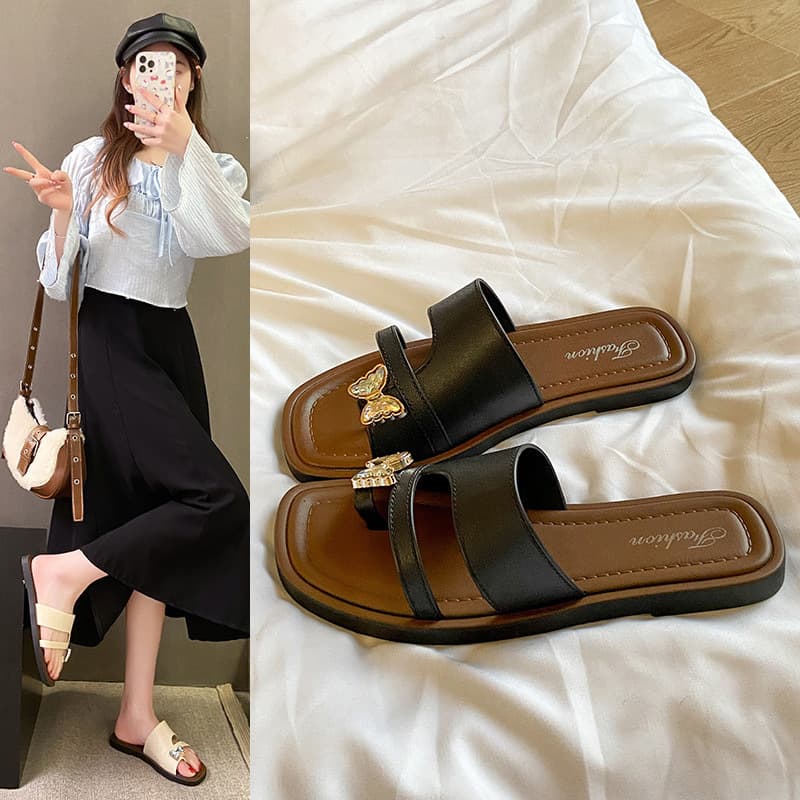 New Simple Style Open-Toe Flat Sandals, Instagram Aesthetic, Versatile Casual Vacation Slip-On Outdoor Summer Flip-Flops