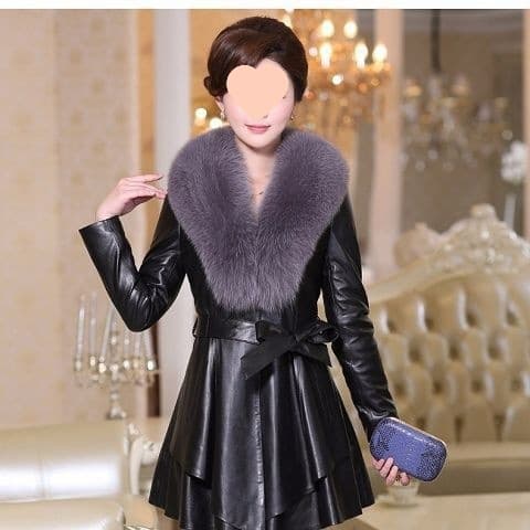 2025 Haining Women's Winter Faux Fur PU Leather Jacket with Detachable Fox Fur Collar, Mid-Length, Padded, Fashionable