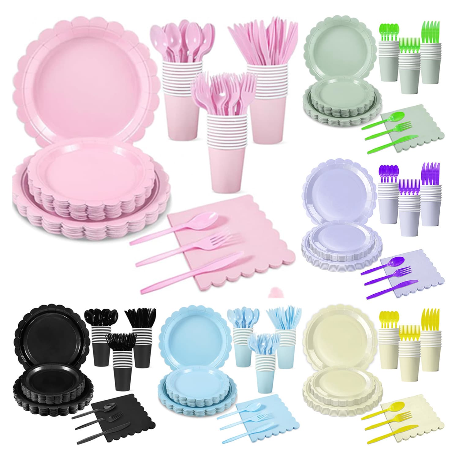 Amazon New Birthday Theme Party Solid Color Tableware Set Disposable Paper Plates Napkins Tablecloth Knife Fork Spoon