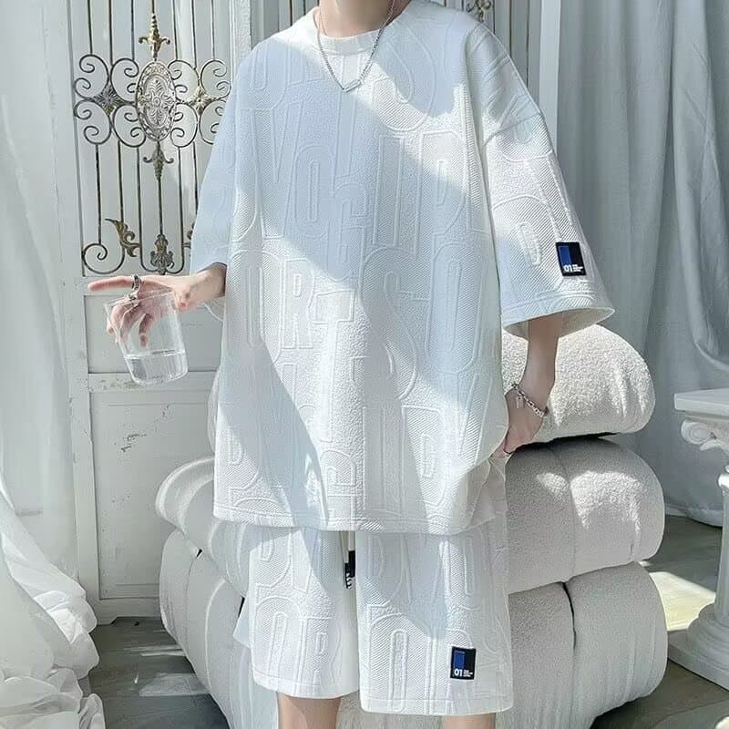 2025 Men's Summer T-shirt Suit Trendy Short Sleeve Sports Shorts Men's Casual Loose Two-piece Suit Cross-Border
