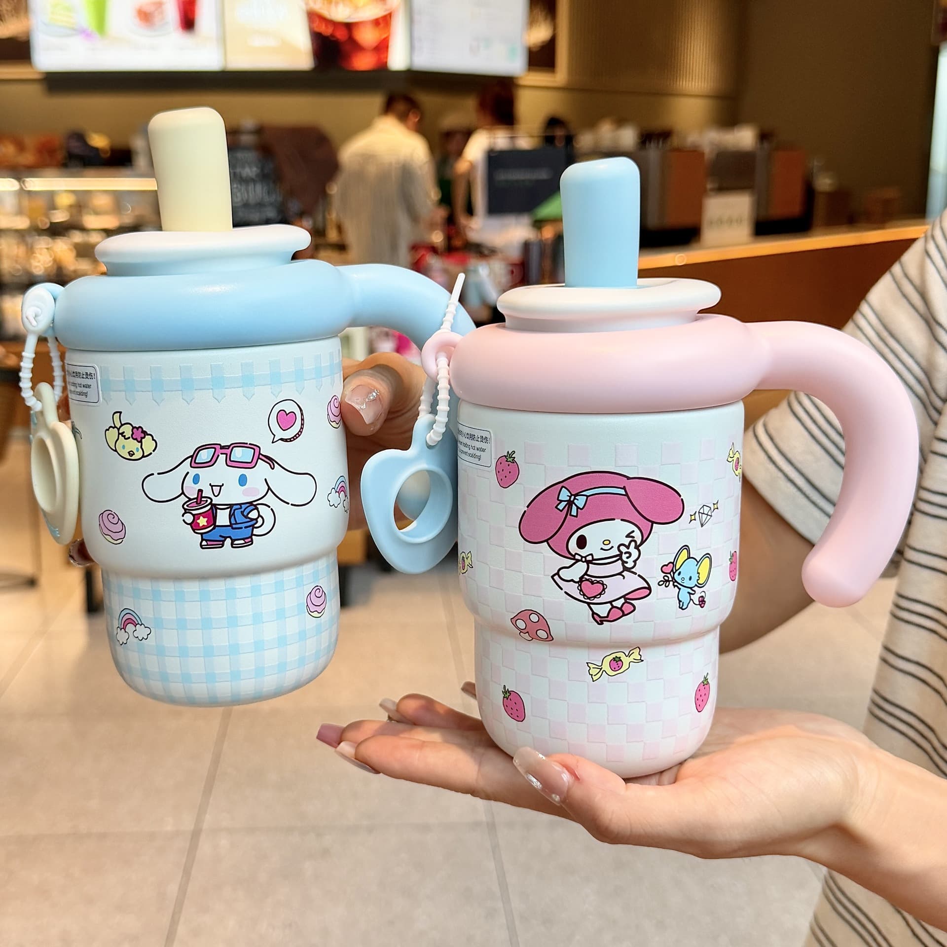 Sanrio Series Insulated Cup for Women, Cute with Handle and Straw, Office Desk Coffee Cup for Couples