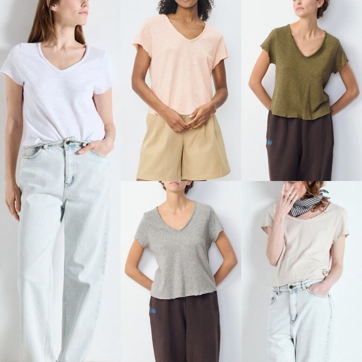 American Vintage Brushed Interior Slub Cotton Rolled Hem V-Neck Loose Slimming Classic Versatile T-Shirt Short Sleeve