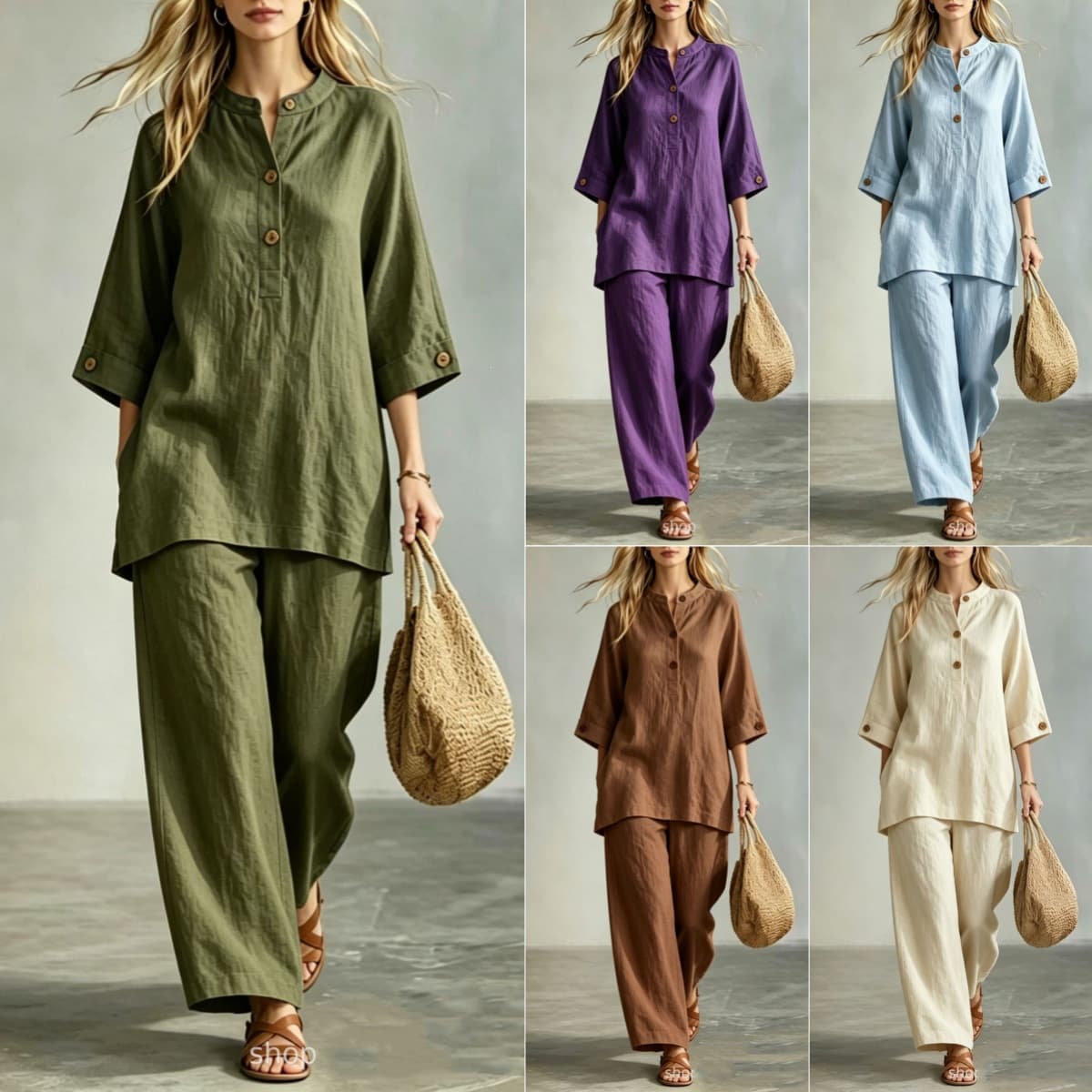 2026 Cross-border Amazon European and American Women's Fashion Casual Solid Color Vacation Style Button Elegant Long Pants Set
