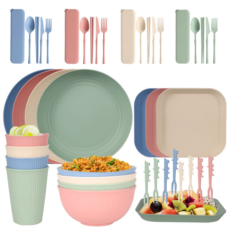 Cross-border wheat straw dishes, plates, cups, knife, fork, spoon, chopsticks tableware set, wheat dinner plate, salad bowl, cup set
