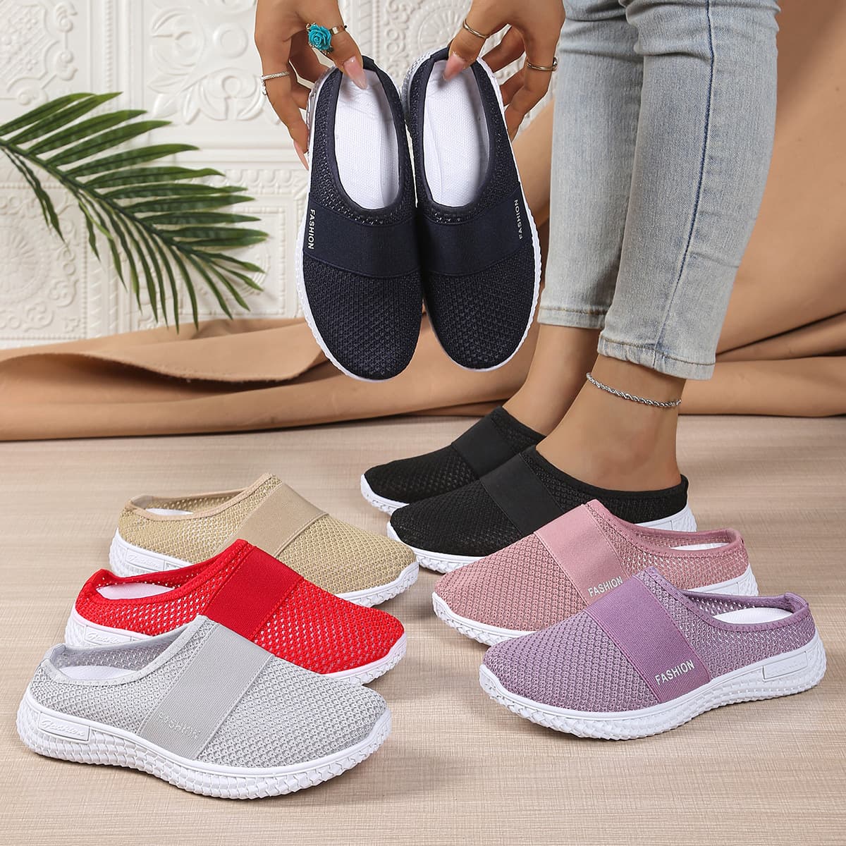 Temu cross-border women's slippers outer wear thick-soled foreign trade cross-border women's shoes wholesale women's breathable half-slip shoes casual shoes