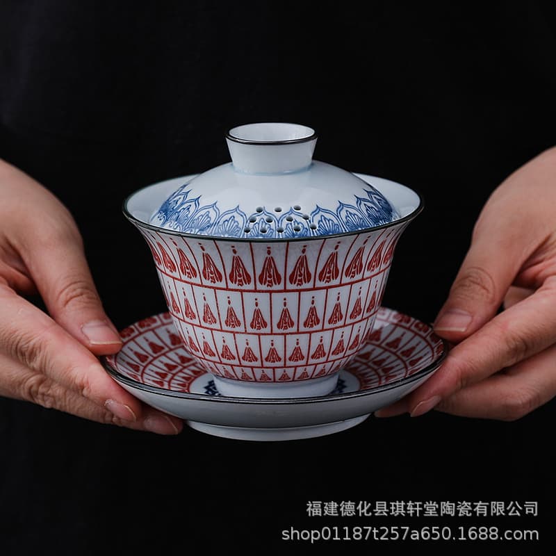 Blue and White Gaiwan Dunhuang Thousand Buddhas Three-Piece Gaiwan Ceramic Gaiwan Tea Cup Retro Ceramic Kung Fu Tea Set Wholesale
