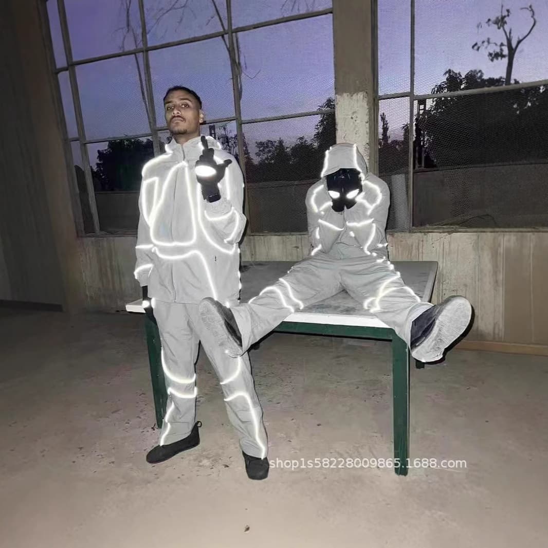 Cross-Border Alcatraz Collaboration Jacket Men & Women Loose Trench Coat Heavy Craft Reflective Strip Set Top 25002