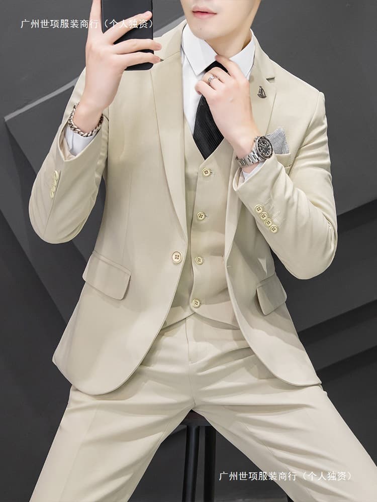 Casual Suit Set for Men, Korean Style Business Formal Three-Piece Slim Fit Groom Wedding Suit Blazer