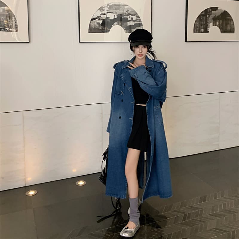Actual Photo: Ouyang Washed Denim Trench Coat, Loose Retro Long Coat for Autumn with Premium Feel