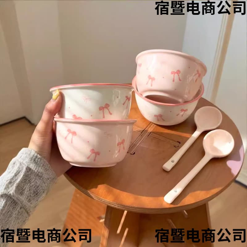 Girl's Bowknot Home Ceramic Rice Bowl, Beautiful High-End Tableware, Cute Bowl for Yogurt and Desserts