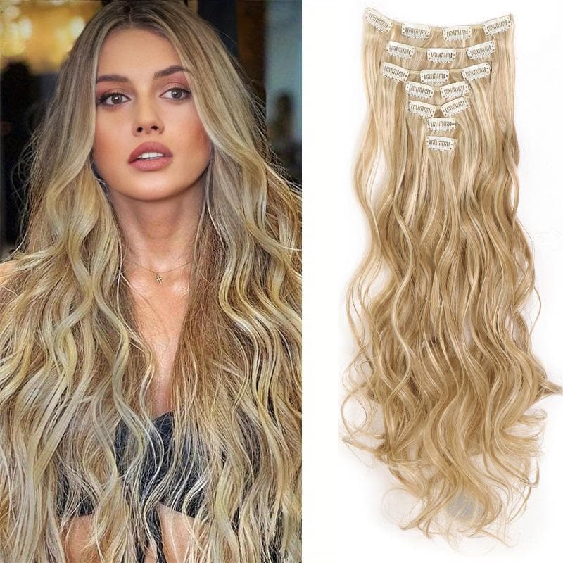 European and American Clip-in Curly Hair 7-Piece Set, 16-Clip Long Curly Hair Extensions, White Skin Tone Seamless Hair Extensions
