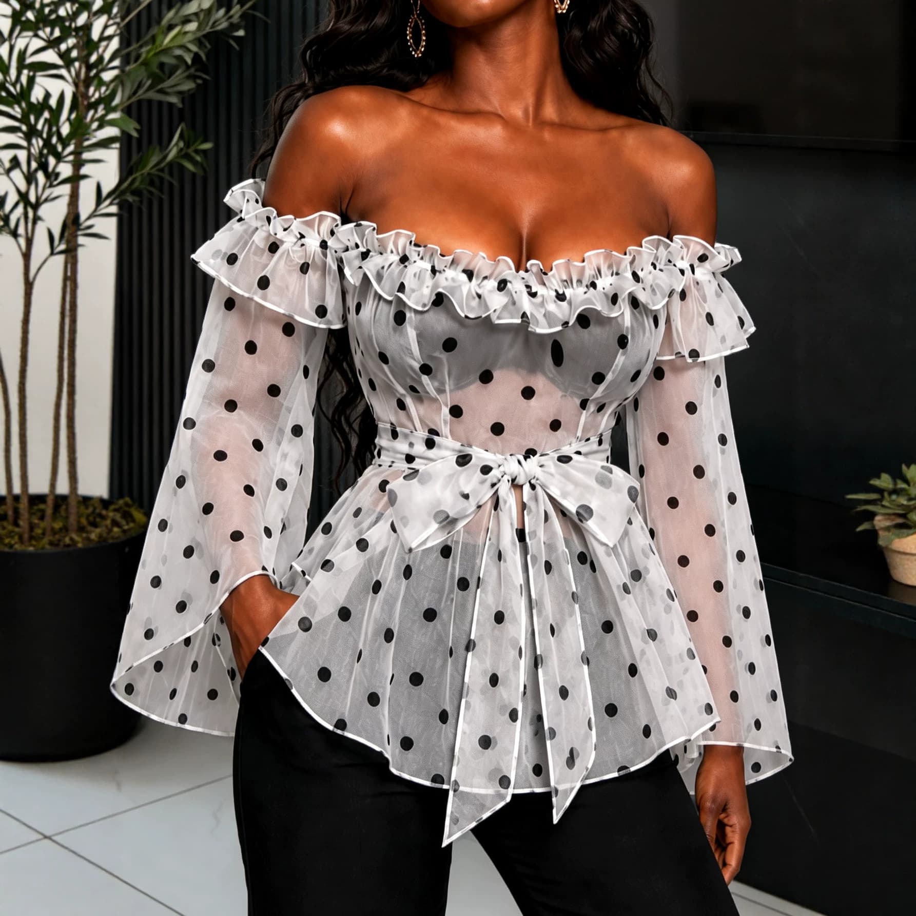European-American Style Off-Shoulder Fashion Top, Sexy Waist Tie Polka Dot Mesh Sheer Blouse Tops Blouse