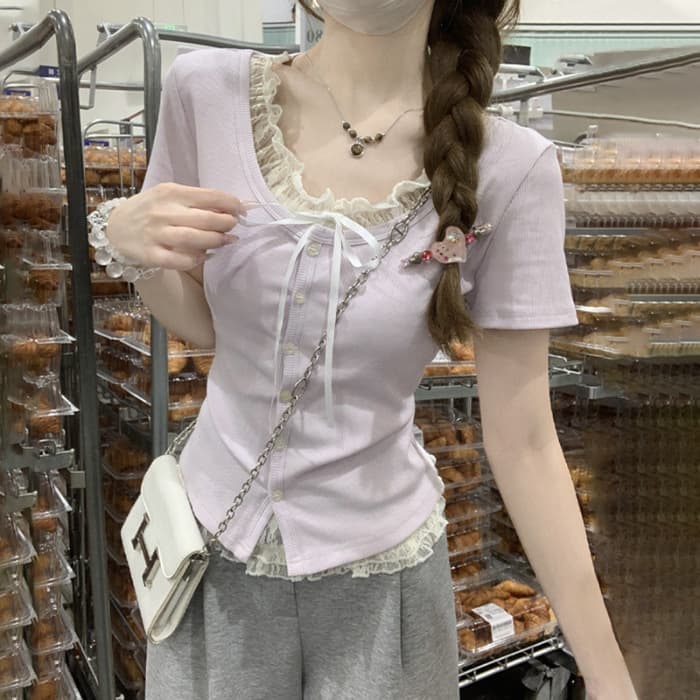 2026 New Spring/Summer Korean Style Sweet Lace Trim Faux Two-Piece Button Design Short Sleeve T-Shirt for Women