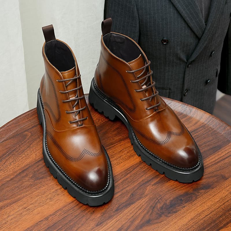 Autumn and winter new round-toe high-heeled boots for men with 4cm height increase British cowhide genuine leather short boots trendy lace-up boots