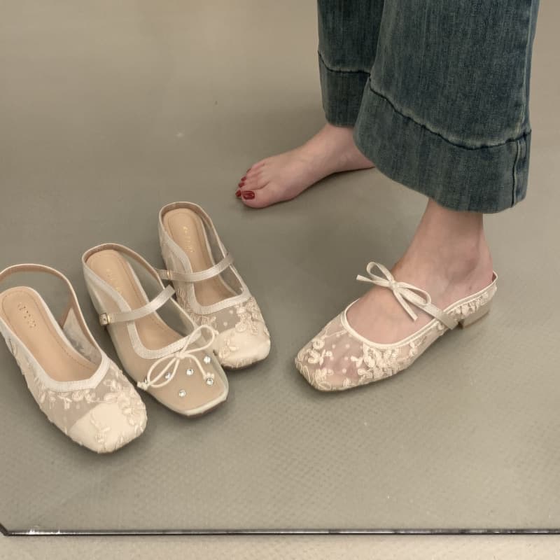 Inner heightening apricot bow mesh embroidered Baotou half slippers for women's outer wear new ballet style Mary Jane slippers
