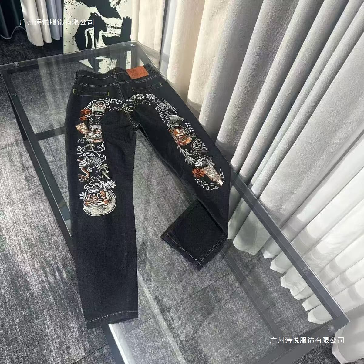 26 Cross-Border Fushun Jeans Men's Street Style Large Print Straight Loose Fit Trendy Personality Embroidery Raw Edge Jeans