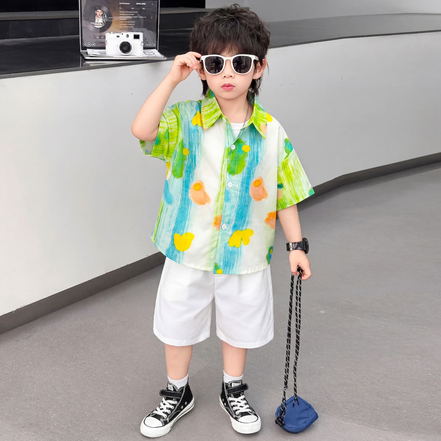 Boys Dopamine Vacation Style Short Sleeve Shirt Set 2026 New Children's Fashionable Shorts Beach Seaside Outfit