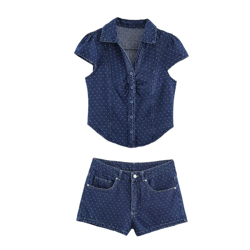 2026 Women's Short Sleeve Denim Shirt with Lapel Button Front, Short Denim Shorts with Polka Dots