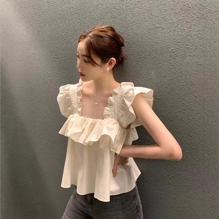 Korean chic spring and summer new solid color pleated ruffled sweet age-reducing style vest women's top