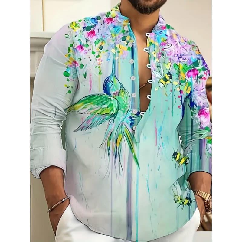 Men's Casual Versatile Fashion Street Shirt with Turn-down Collar Single-breasted Long-sleeve Top Bird Print Long-sleeve Shirt